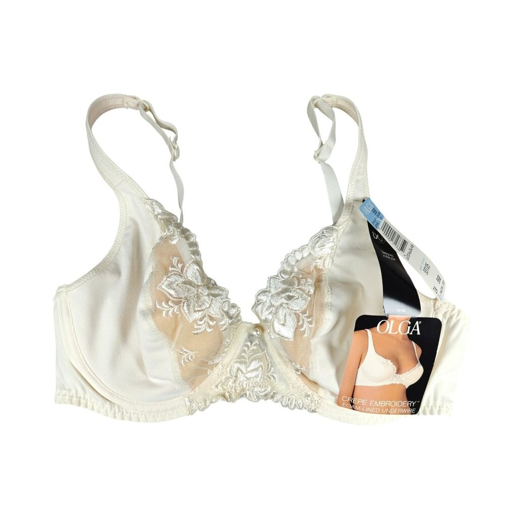 Vintage Olga 36B Crepe Embroidery Foam-Lined Underwire Bra Ivory 33105 - Picture 1 of 6